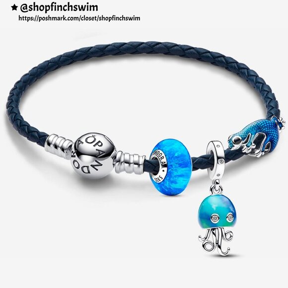 Pandora Colour-changing Jellyfish and Round Clasp Blue Braided Leather Bracelet - Picture 1 of 5